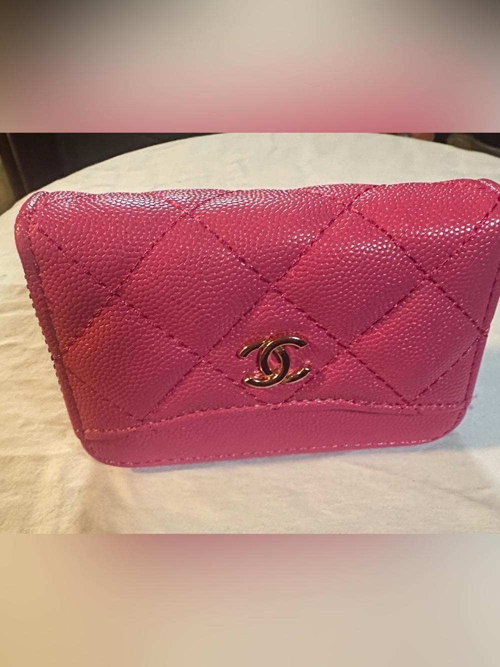 CC Quilted Mini Wallet in Hot Pink with Gold CC Logo